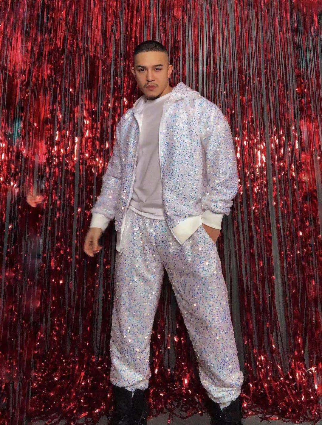 Blue Sequin Long Sleeves Hooded Jacket Pant Male Singer Dance Show Outfit Bar Prom Party Nightclub Clothes Set