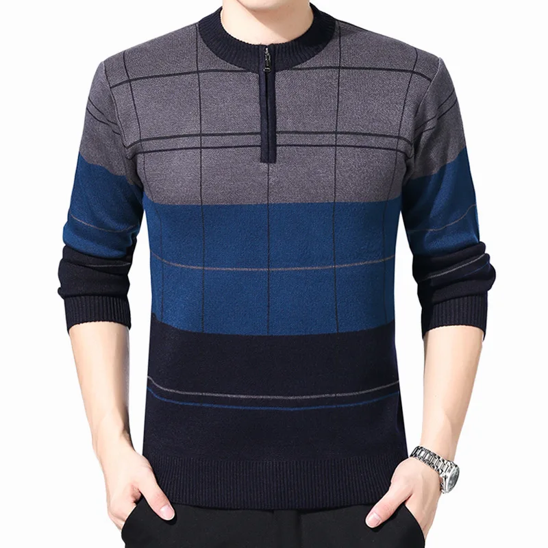 Men's Wool Sweater with Thick Half High Neck Zipper for Middle-Aged and Elderly Loose Fitting Sweater