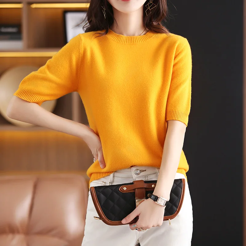 Hot Sale 100% Wool Cashmere Women\'s Sweaters And Pullovers Autumn Female O-Neck Clothing Short SLeeve Soft Jumper Tops Spring