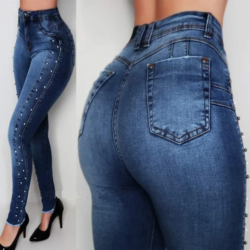 2025 New Women Dark Blue High Waist Beaded Jeans High Stretch Denim Pencil Pants Street Fashion Casual Push Up Hip Jeans S-2XL