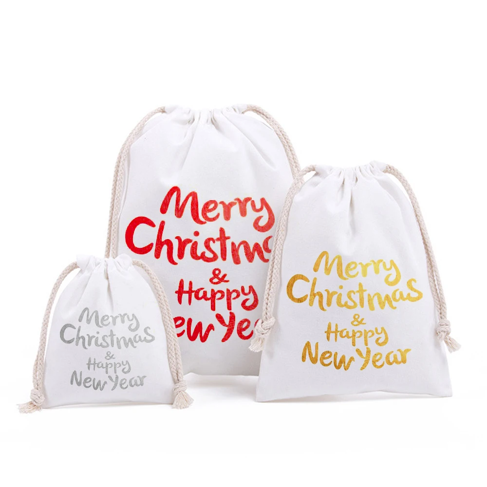 

Merry Christmas and Happy New Year Gold Printing Christmas Gift Bags Canvas Personalized Kids Present Bag Christmas Tree Decors