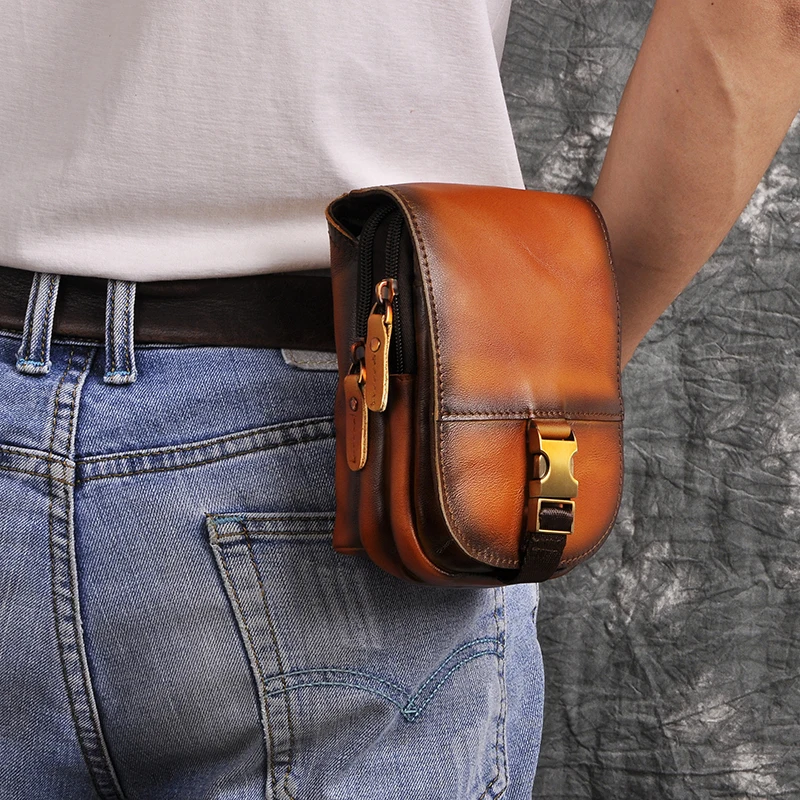 Real Leather Cowhide Retro Men Design Casual Daily Use Small Waist Belt Bag Hook Pack Fashion 5