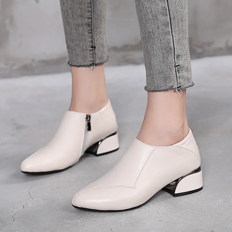 GKTINOO Pointed Toe Mid Heels Women 2024 Autumn Single Shoes Woman Soft Genuine Leather Shoe Square Heel Female Side Zip