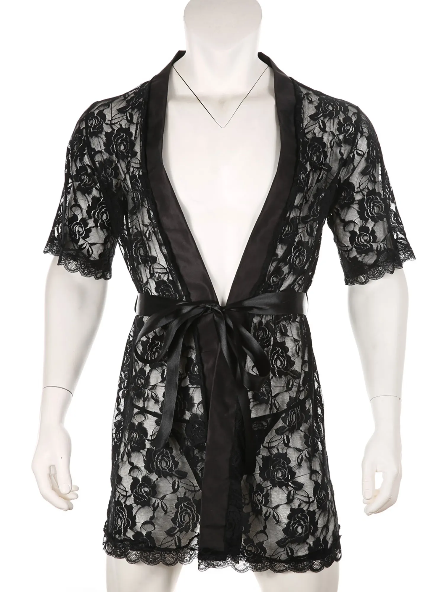 Mannen Sexy Sheer Kant Nacht-Gewaad Korte Mouwen Vest Nachtjapon Badjas Met T-Back En Riem Sissy Lingerie loungewear Nachtkleding