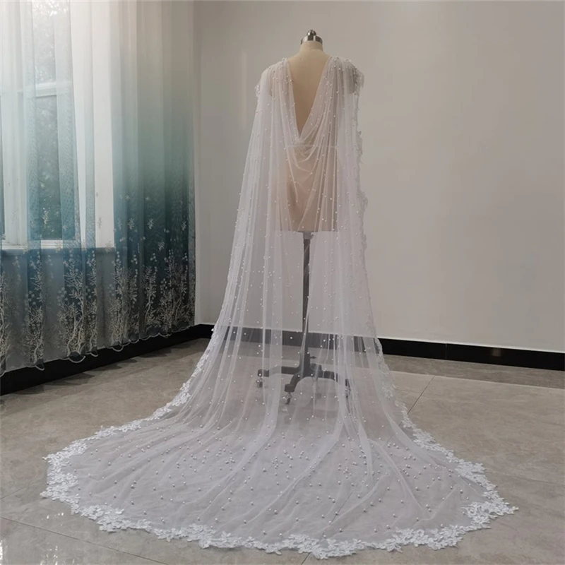 

Real Photos Pearls Tulle Bridal Shoulder Cape Veils White Ivory Lace Appliques Bolero Shrugs for Brides Cathedral Long 3 4 5 m