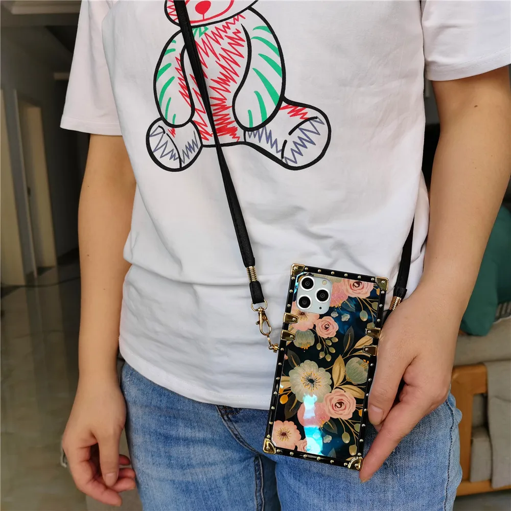 Luxury Floral Flower Woman Cover Rope Lanyard Case for Samsung Galaxy S24 Ultra S22 Plus S21 S23 FE S10 S20 S9 Note 20 10 9 8