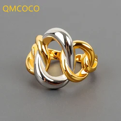 QMCOCO Trendy Retro Design Irregular Twine Cross Hollow Out Rings  Silver Color For Woman Vintage Handmade Charm Jewelry Gift