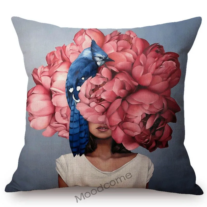 Abstract Fashion Concept Flower Head Girl Floral Art Cotton Linen Sofa Throw Pillow Case Home Decoration Art Chair Cushion Cover