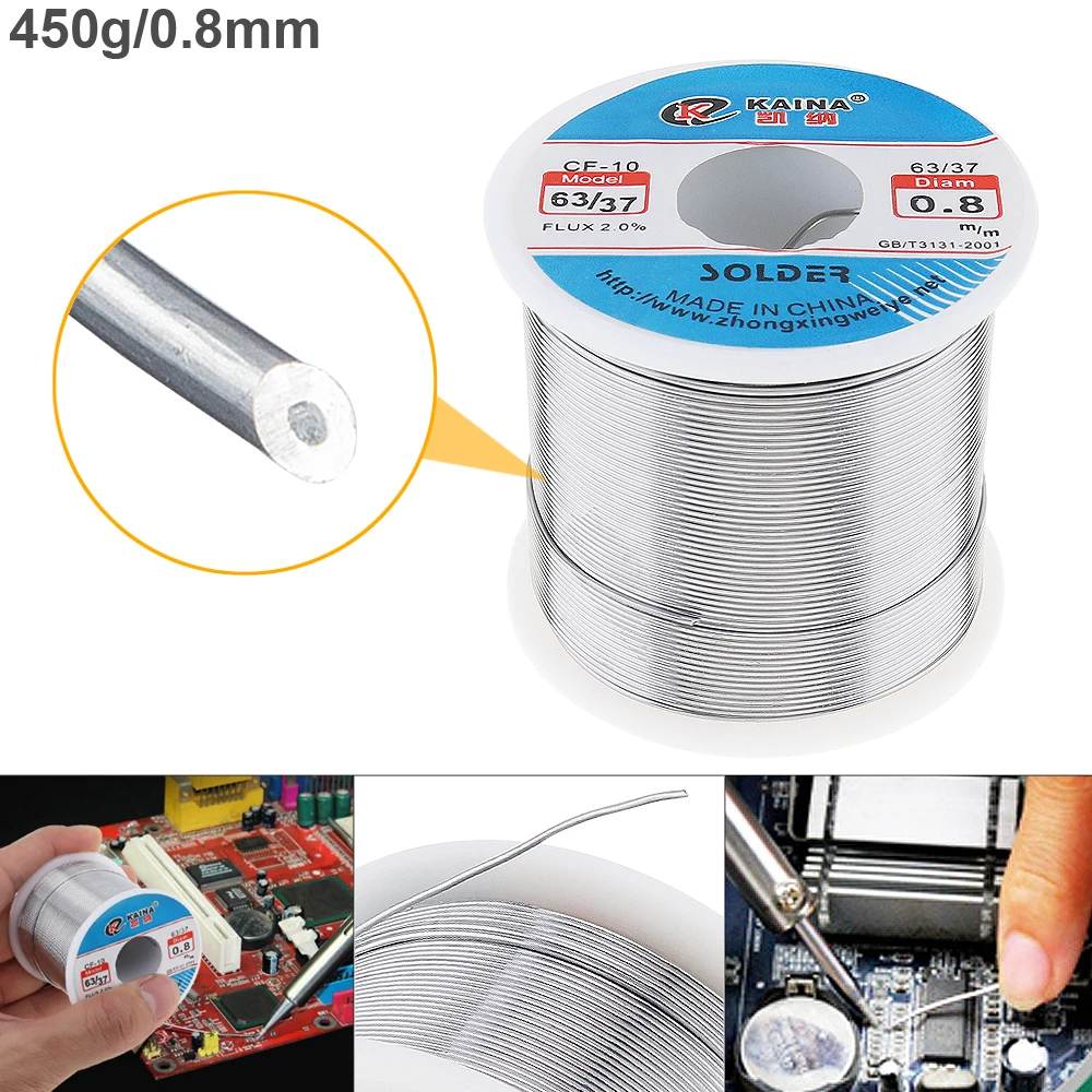 Fio de estanho com núcleo fino, fio de solda com 63/37 fluxo e ponto de fusão baixo para solda elétrica 0.8 450mm 2% g