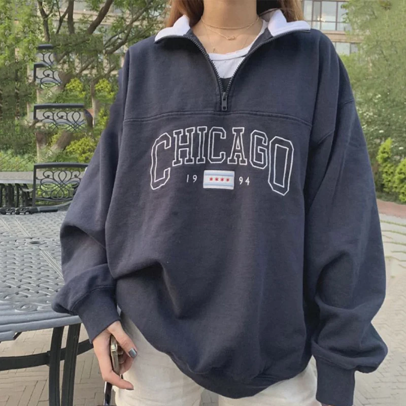 Dark Blue Letter Printing Zip Up Collar Sweatshirt Women Vintage Brand Fashion Oversized Loose Casual Streetwear New Long Sleeve