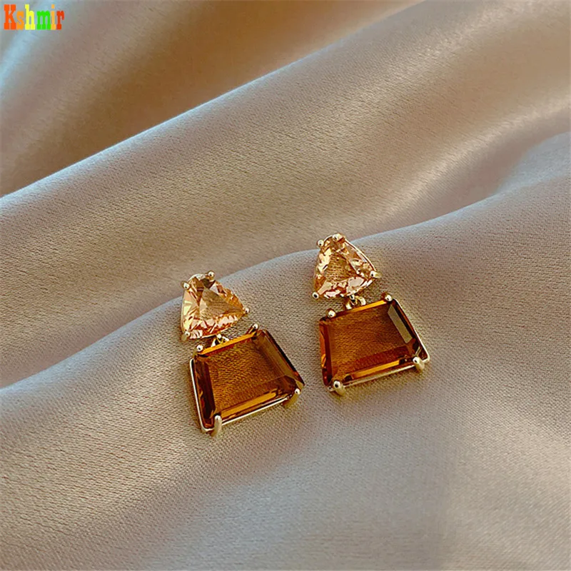 

Kshmir New Type 2021 Super Flash Tawny Crystal Earrings Korean Style Small Earrings Caramel Pendant earrings
