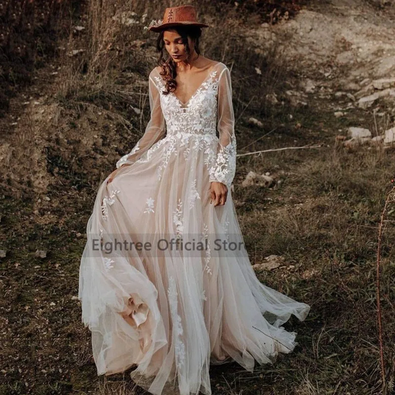 Eightree Vintage Boho Wedding Dresses Long Sleeve Lace Long Bride Dress Beach Wedding Gowns V Neck Sukienka Na Wesele Customized