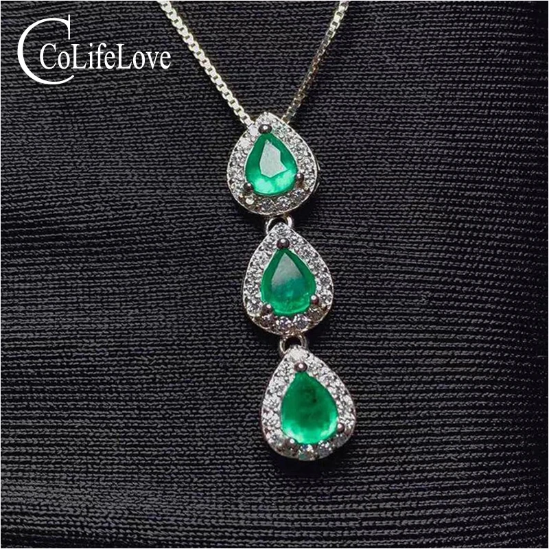 CoLife Jewelry 100% Real Emerald Pendant for Daily Wear 3 Pieces Natural Emerald Silver Pendant 925 Silver Emerald Jewelry