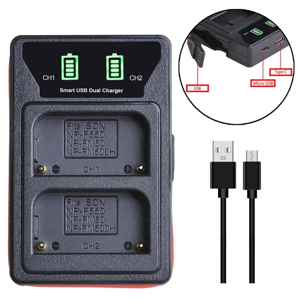 Bateria para câmera digital NP-FM500H NP FM500H + LED USB Carregador duplo para Sony A57 A65 A77 A99 A350 A450 A550 A580 A900 A200 A200W