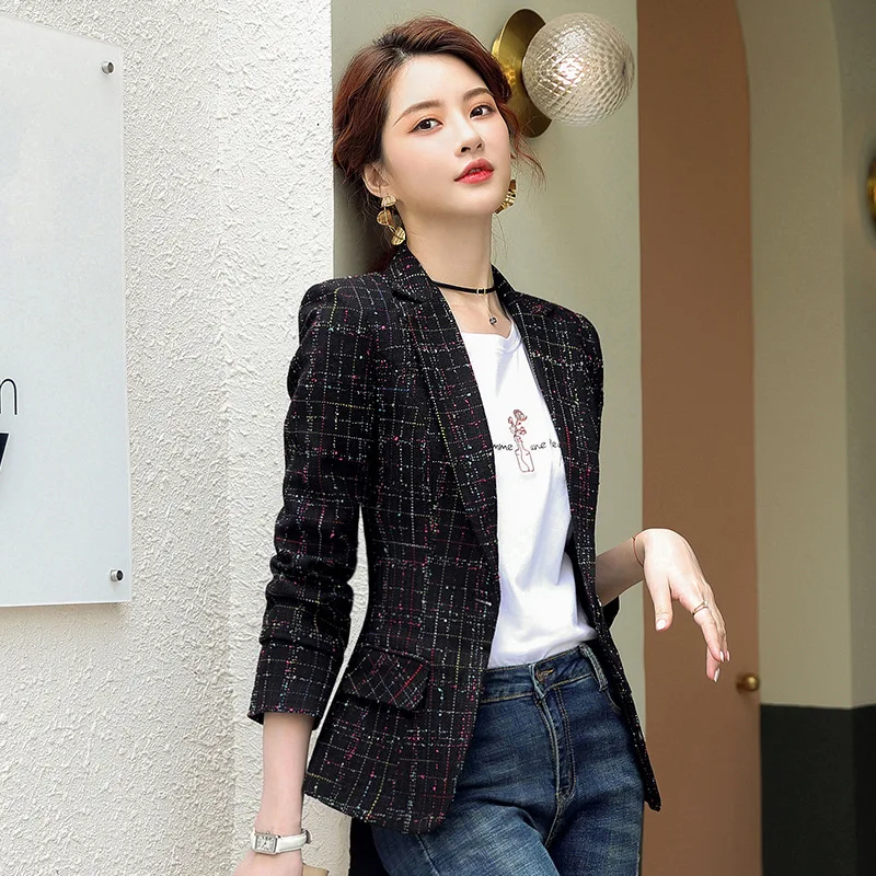 2023 Autumn Winter Blazer Women Long Sleeve Tweed Elegant Coat Ladies Chic Tops Vintage Plaid Suit Jackets And Blazers Casaco