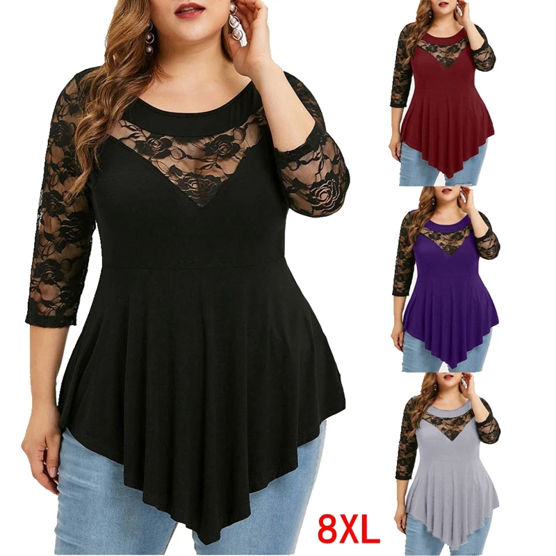 

large size 5XL 6XL 7XL 8XL 130kg big size women's shirt flower lace stitching autumn round neck loose black shirt