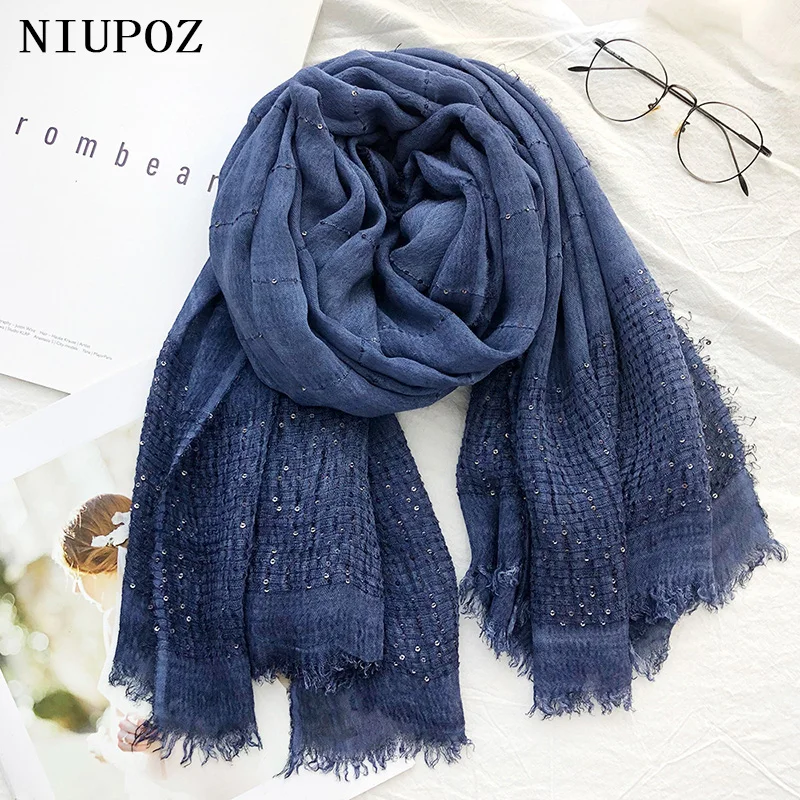 New Design Oversized Cotton Women Foulard Winter Scarf With Sequins Long Solid Shawl Muslim Hijab Warm Thick Knitted