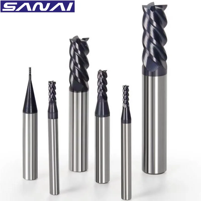 SANAI End Mill 4 Flutes HRC 50° Tungsten Carbide Steel Milling Cutter 1mm to 20mm 4F End Mill CNC Lathe Machining Cutting Tool