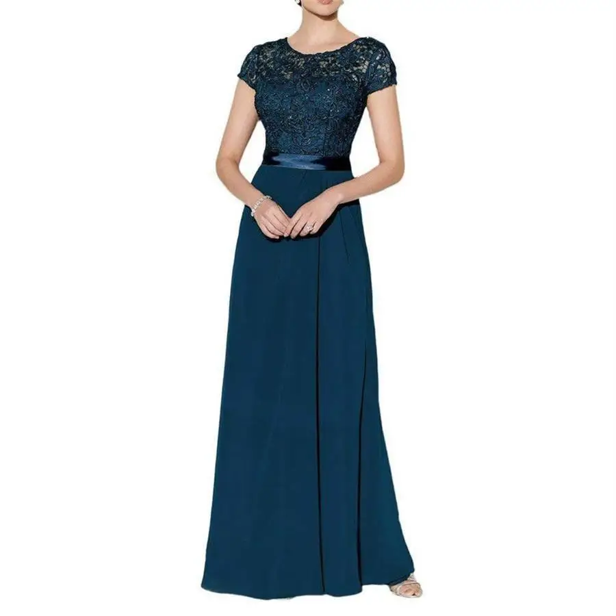 Elegant Appliques Mother of the Bride  Long Chiffon Evening Dresses Scoop Short Sleeves Vestido De Festa Longo فساتين السهرة