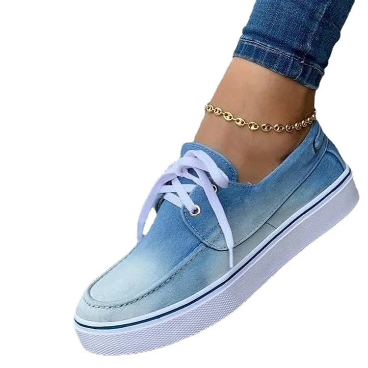2021 Spring and Autumn Large Size Canvas Shoes Lace-up Shoes One-step Flat-bottomed Low-top Shoes Single Shoes Wild Loafers