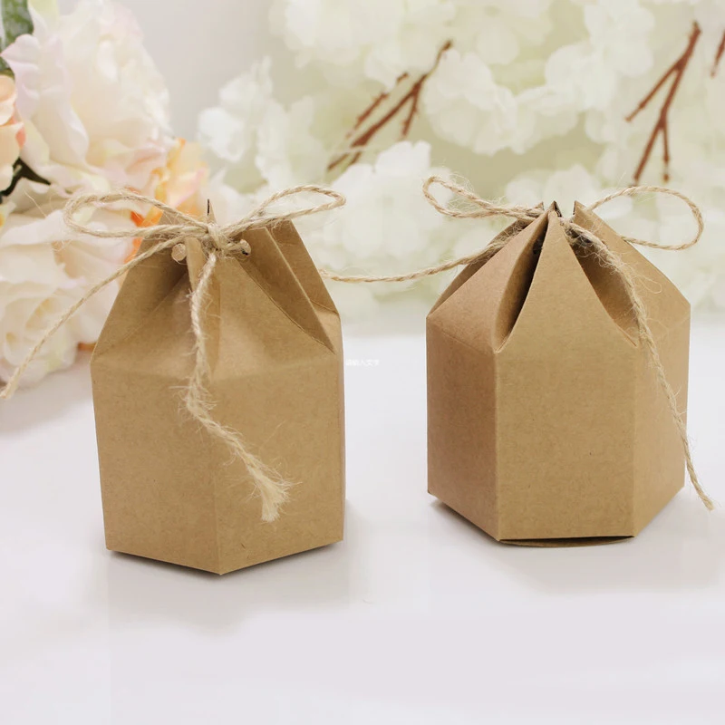 

25/50pcs Kraft Paper Box Cardboard Lantern Hexagon Candy Box With Hemp Rope DIY Favor And Gifts Christmas Party Wedding Decor