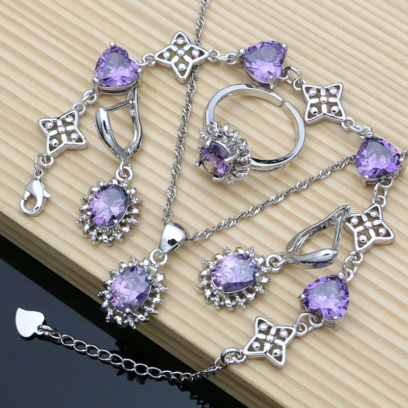 

Women Silver 925 Earrings Jewelry Sets Purple Amethyst Birthstone Jewelry Gift for Her Party Anniversary Necklace Sets 7 Colors