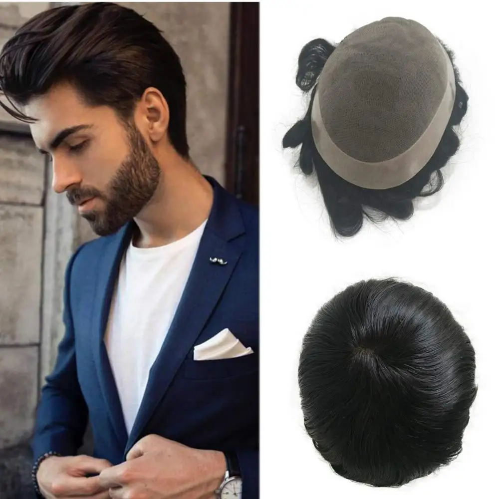 

Colored Black Men'S Toupee Hairpieces Human Hair 6 Inch PU With Soft Skin Swiss Lace Toupee For Men 8X10 "