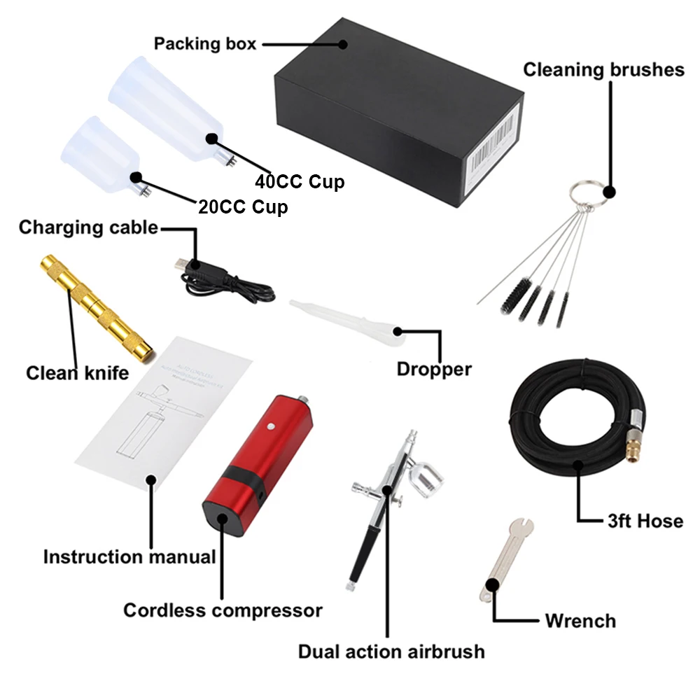 Mini aerografo a batteria RIBO 32PSI con kit compressore TM80S-131 Pistola a spruzzo portatile a doppia azione Macchina per ossigeno facciale di