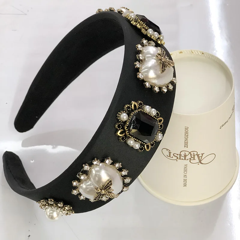 Baroque Rhinestone Headband Hairband for Women Girls Metal Bee Beads Flower Head Hair Accessories