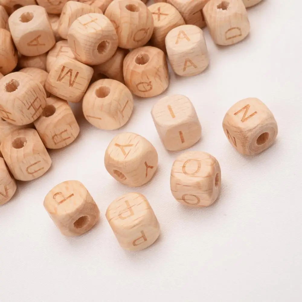 50Pcs 12mm Square Wooden Alphabet Beads English A-Z Personalized Name Letter Beads for Baby Nursing Pacifier Chain Accessory