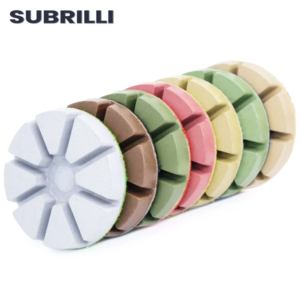 SUBRILLI 3" 7pcs/Set Diamond Concrete Floor Polishing Pad Resin Bond Abrasive Tool Concrete Marble Floor Sanding Disc Repairing