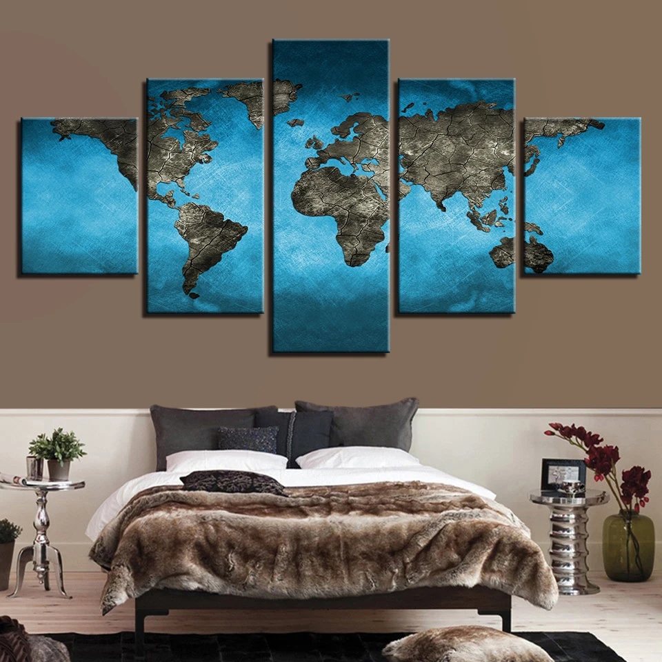 HD Canvas Art Painting For Living Room Wall Deco 5 Pieces Atlantic Ocean Continent World Map Large Print Painting Poster Picture