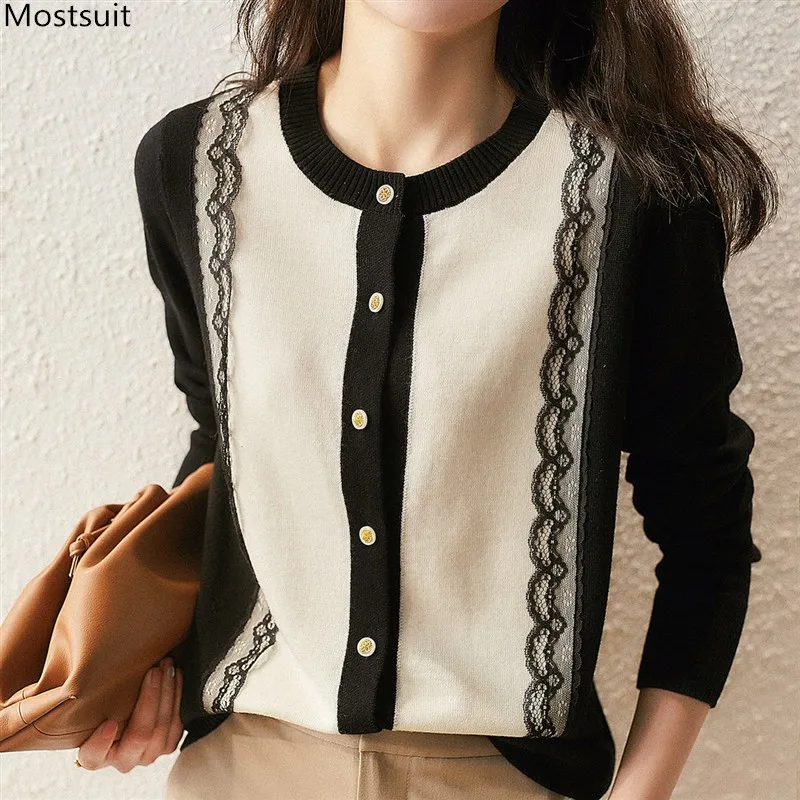 

Spring Autumn Fashion Elegant Women Knitted Cardigan Lace Patchwork Single Breasted Sweater Ladies Jumper Korean 2022