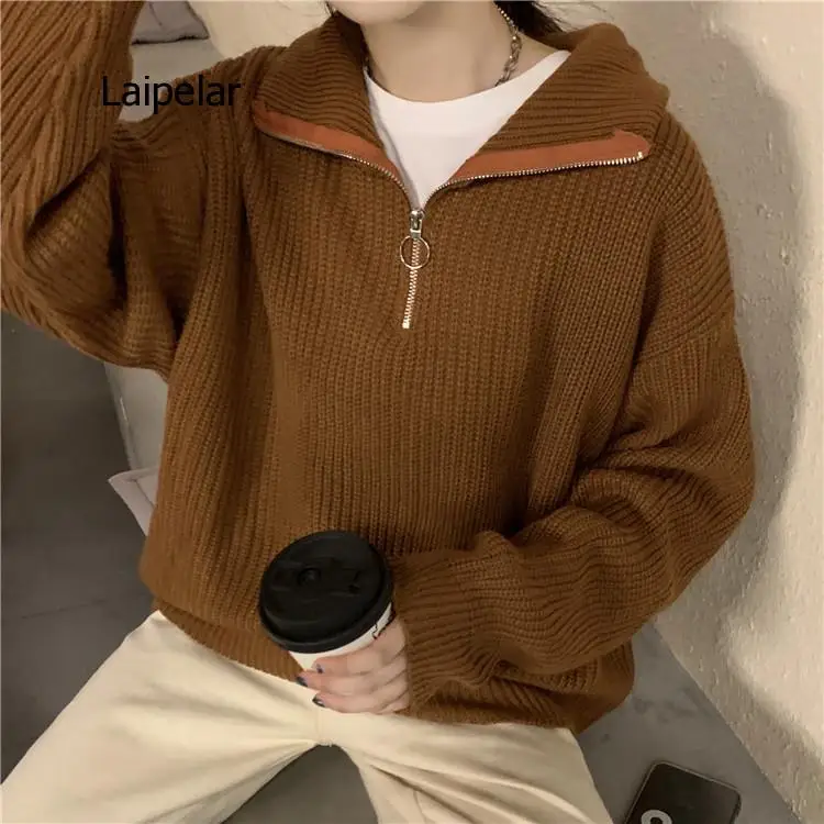 Korea Setengah Zipper Sweter Lengan Panjang Solid Pull Femme 2021 Gugur Musim Dingin Rajutan Pullover Top