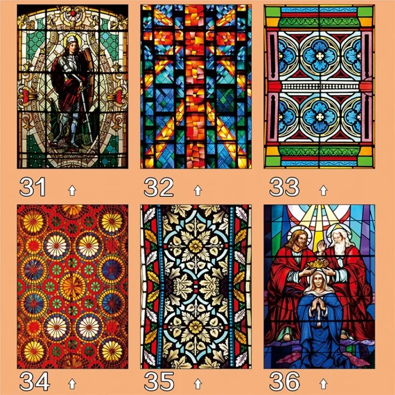 Customized Size Colorful Window Sticker Frosted Static Cling No Glue Classical Church Window Films 55cmx100cm