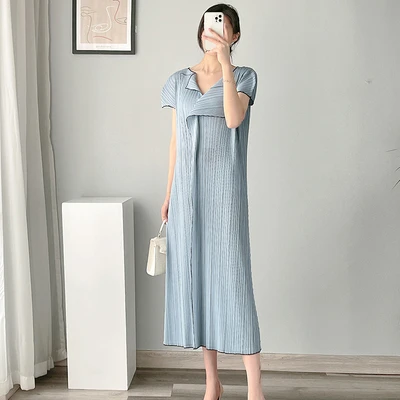 

HOT SELLING Miyake fold dress of stripe turndown collar Straight dress IN STOCK