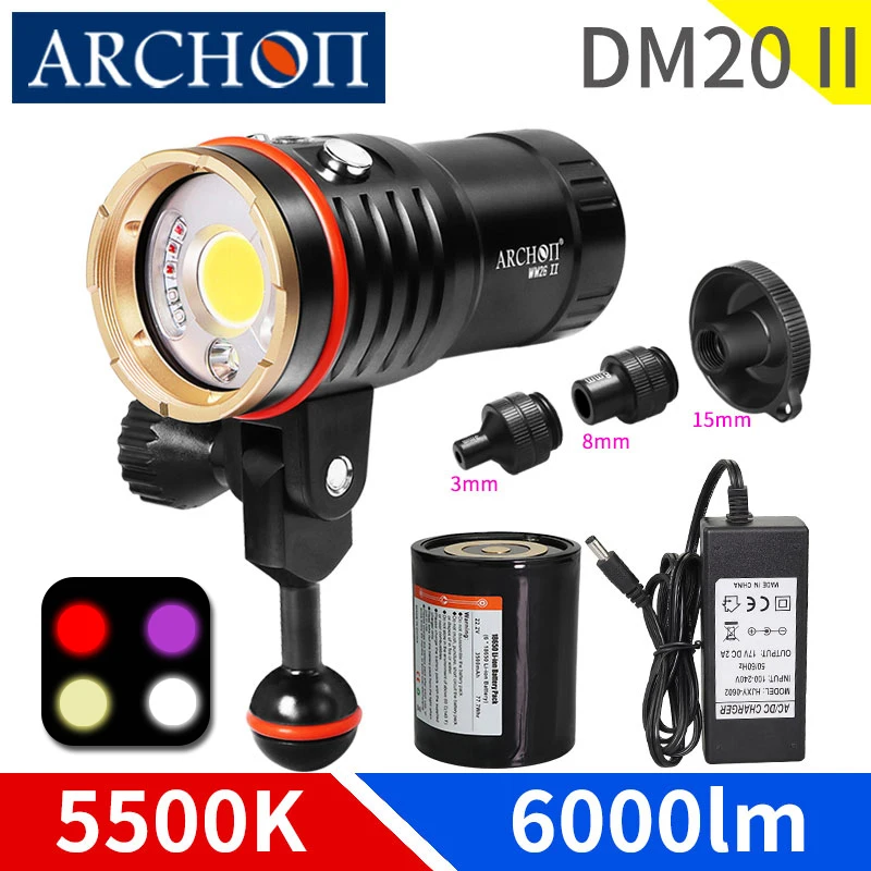 

DM20 II 5200K 6000lm diving flashlight HD video spotlight Red UV fill light torch Underwater 100m dive lighting photoraphyt lamp