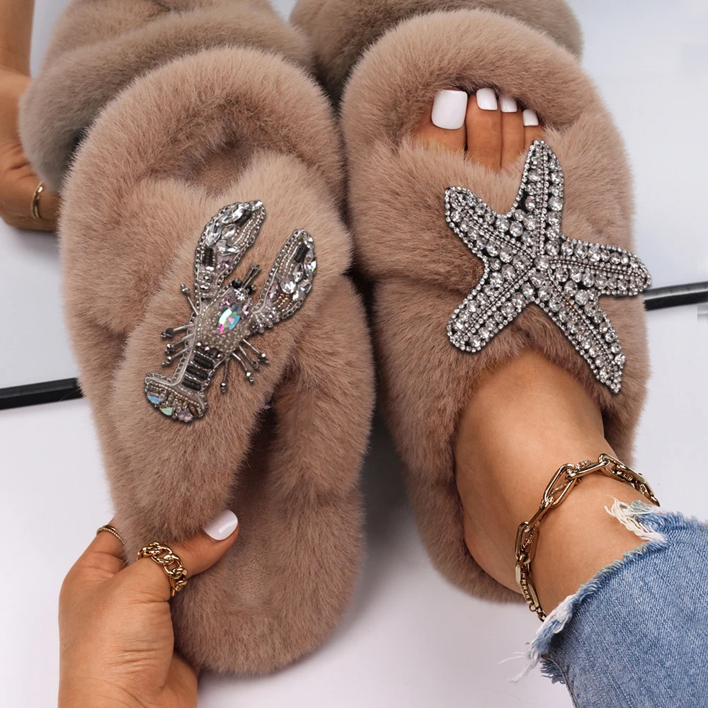 Fluffy Slides Faux Fur Slippers Female Lobster Starfish Fur Sandals Indoor Fashion Slippers Platform Flip Flops Designer Shoes