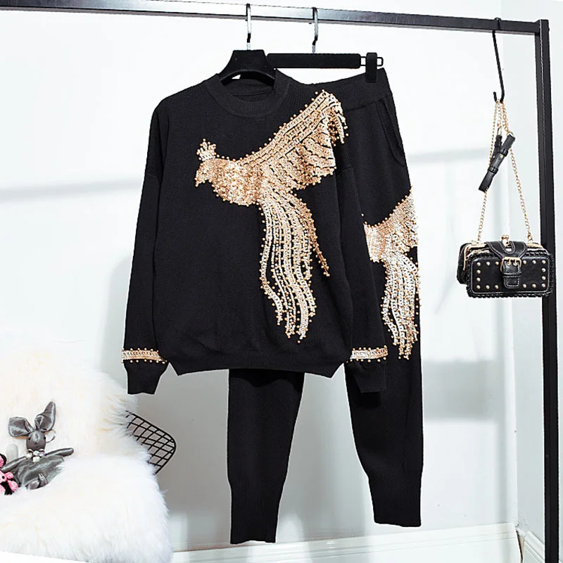 Black White Beading Sequins Phoenix Knit Tracksuit Set Women Autumn Loose Casual Pullover Sweater Pencil Pants Outfits Female