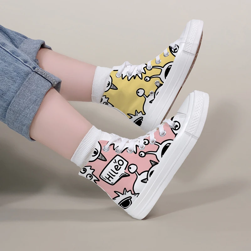 Amy and Michael Original Design Anime Monster Hand Painted Canvas Shoes Campus Young Girl Students Graffiti Sneakers Women Flats