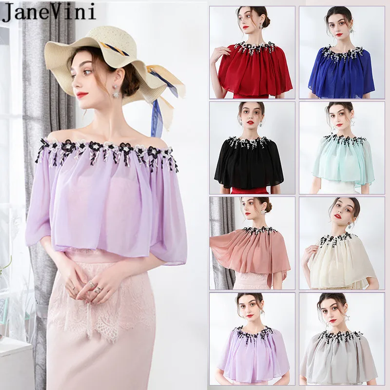 

JaneVini 2021 Lace Appliqued Chiffon Bride Capes Summer Wedding Shrugs Wraps Bridal Shoulder Cape Bolero Gasa Party Stoles Cloak