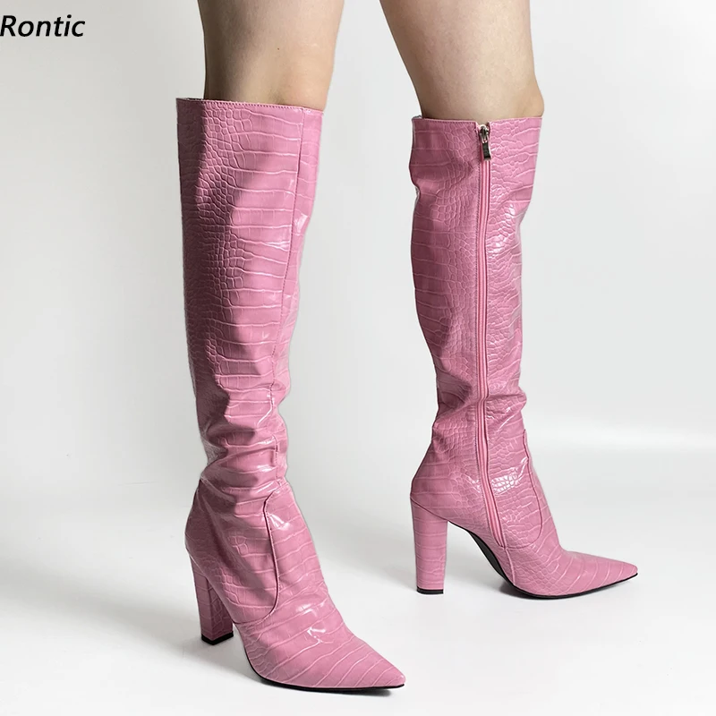 

Rontic Stylish Women Winter Knee Boots Crocodile Chunky Heel Pointed Toe Pretty White Yellow Green Pink Party Shoes US Size 5-15