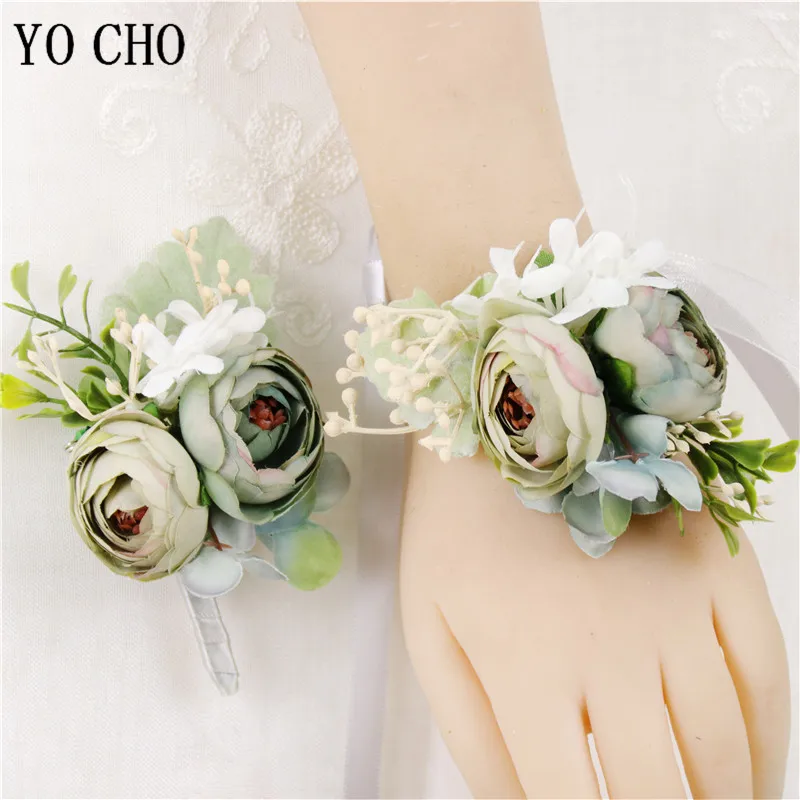 YO CHO Artificial Flowers Groom Boutonniere Man Bridesmaids Girl Wrist Corsage Bracelet Wedding Flowers Boutonnieres Party Decor