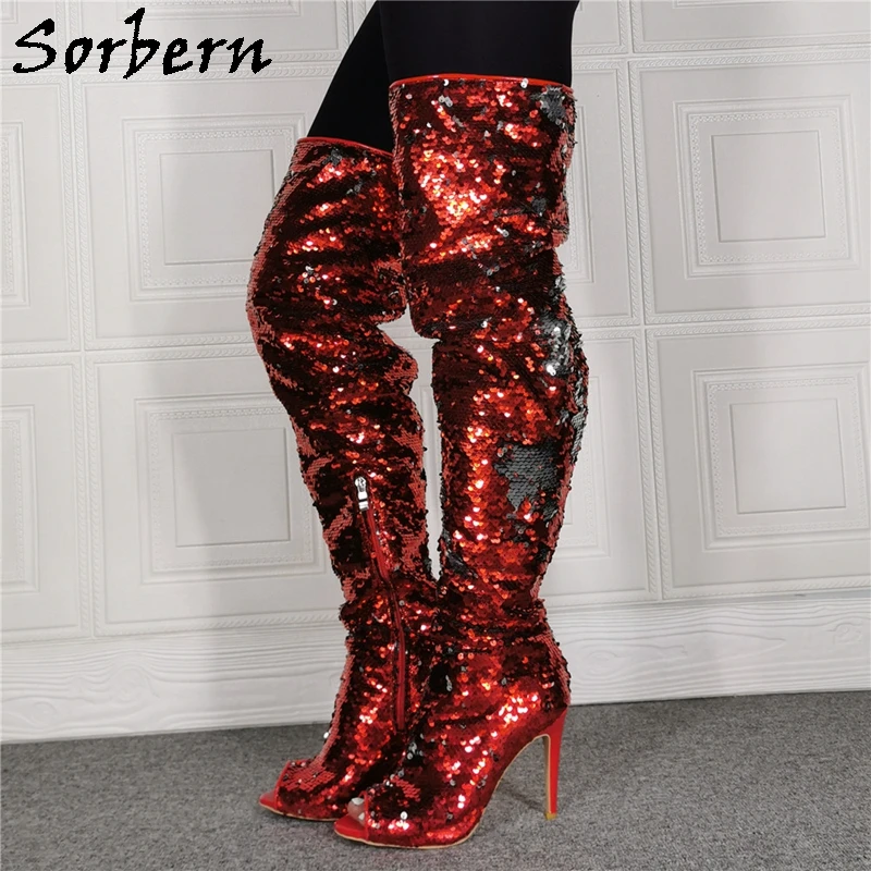 Sorbern Red Silver Sequins Boots Women Over The Knee Custom Thigh High Stilettos Party Boots Females Open Toe Custom Leg Size