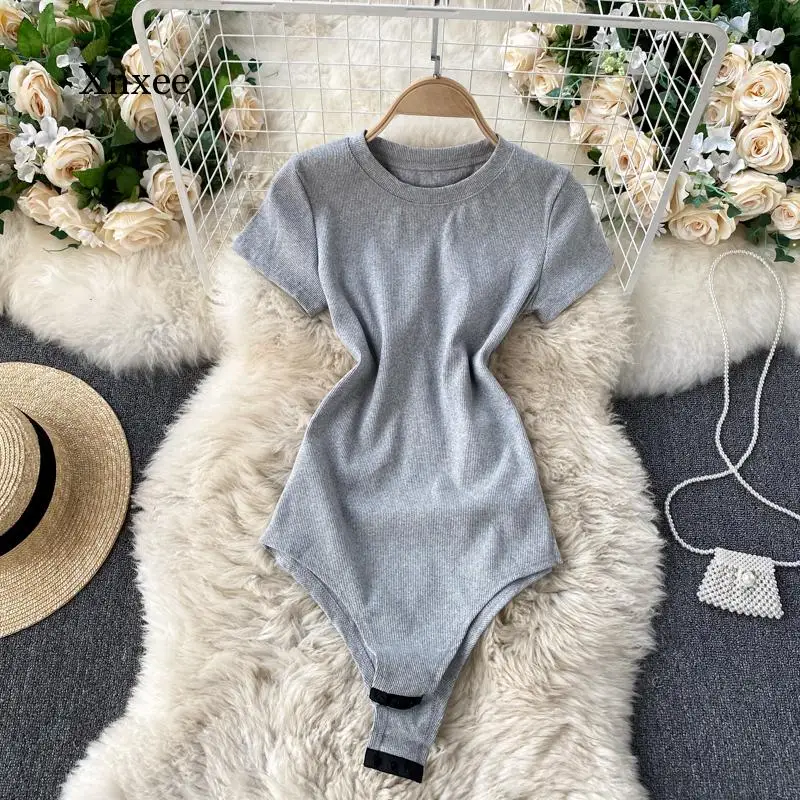 Knit Shirt Bodysuit Women Elegant Round Neck Short Sleeve Jumpsuit High Waist Bodycon Playsuit Casual Slim Spring Summer Jumper