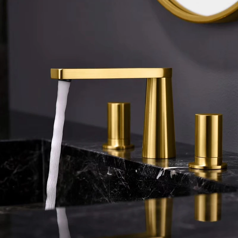 Luxury Brushed gold Brass Bathroom sink faucet High Quality Copper Cold hot water Basin mixer Tap 3 Hole 2 Handles Bath Faucet