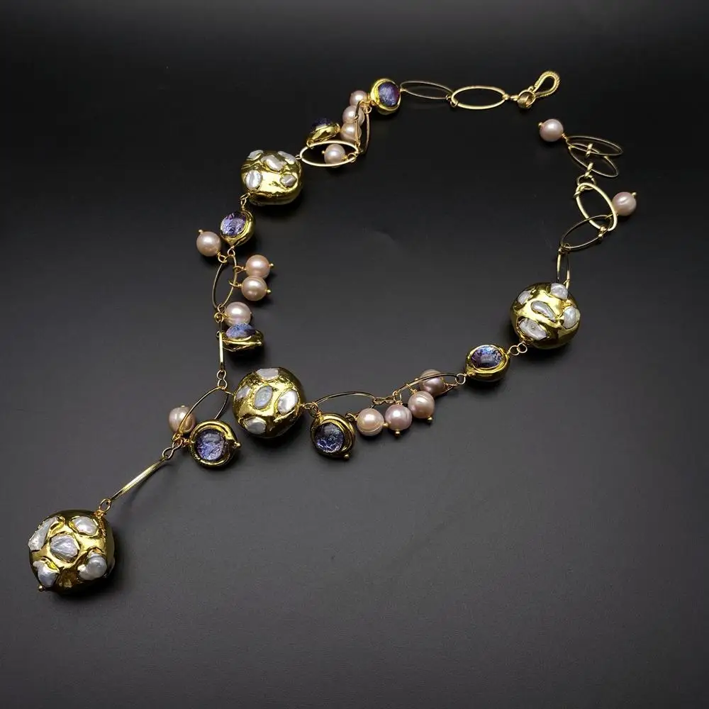 KKGEM Natural Freshwater Cultured White Keshi Pearl Pink Pearl Purple Murano Glass Chain Pearl Y-Drop Necklace