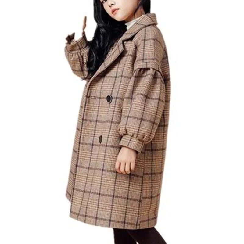 High Quality New Spring Winter Teenager Girls  Warm Thicken Woolen Long Coat Khaki Plaid Trench Jackets Children Outerwear Parka