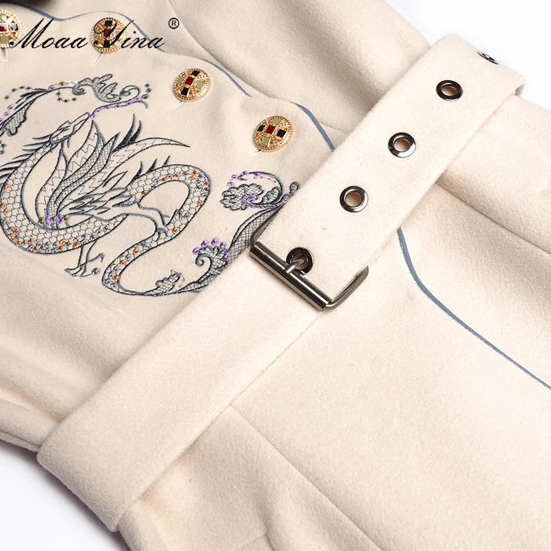 MoaaYina Fashion Designer Wool Woolen coat Winter Women Long sleeve Belt Embroidery Keep warm Woolen coat Overcoat