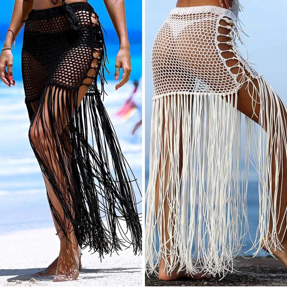 

Women Crochet Swimwear Bikini Cover Up Beach Skirts Wrap Sarong Pareo High Waist Long Tassel Maxi Skirt Solid Swimsuits